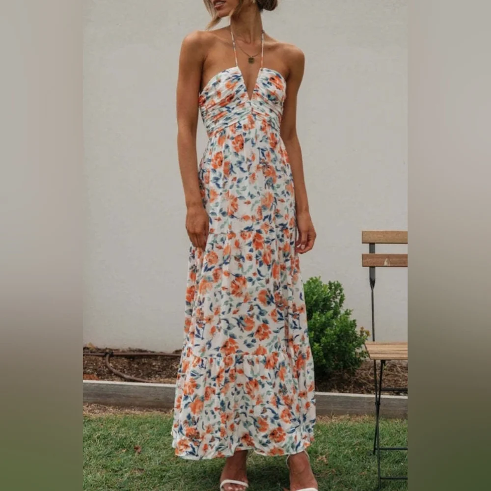 Floral V-neck Backless Maxi Dress - Picture 1 of 4